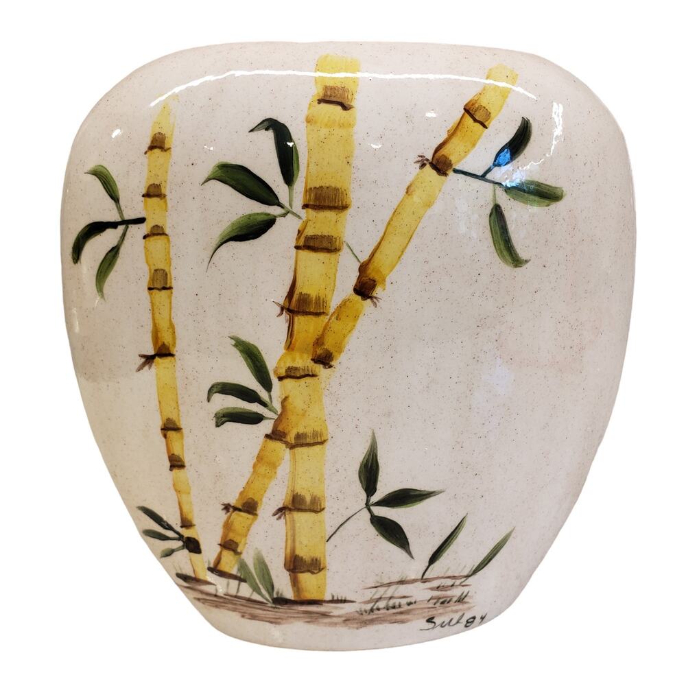 Bamboo Vase Hand Painted Signed 1984 Rare Vintage Vase Clay Pottery
